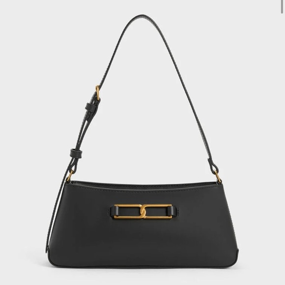 NWT Charles & Keith Gabine Leather Trapeze Shoulder Bag - Black, GENUINE LEATHER - Picture 9 of 12